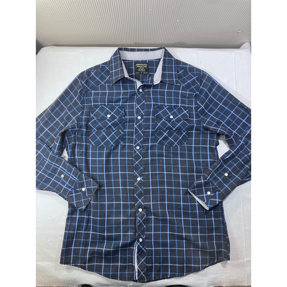 Random Access Mens Long Sleeve Plaid Pearl Snap Button Shirt‎ Size L Blue Grey